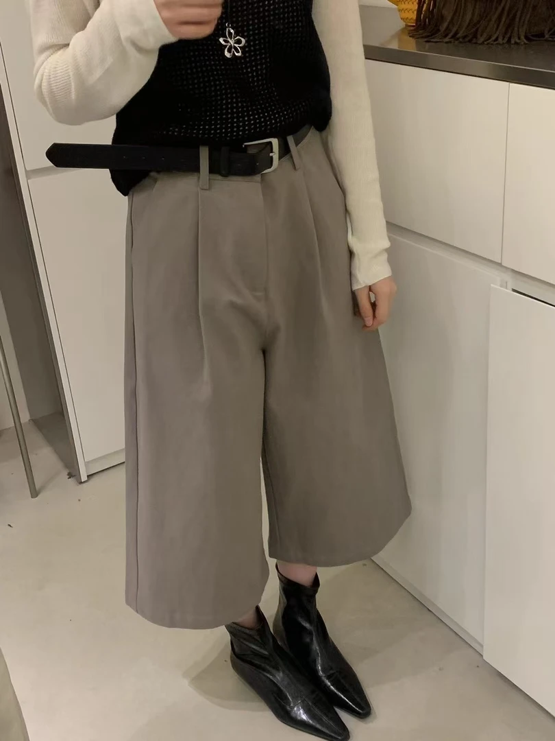 简约高级感配腰带休闲显瘦高腰八分阔腿裤女2025秋季直筒休闲裤