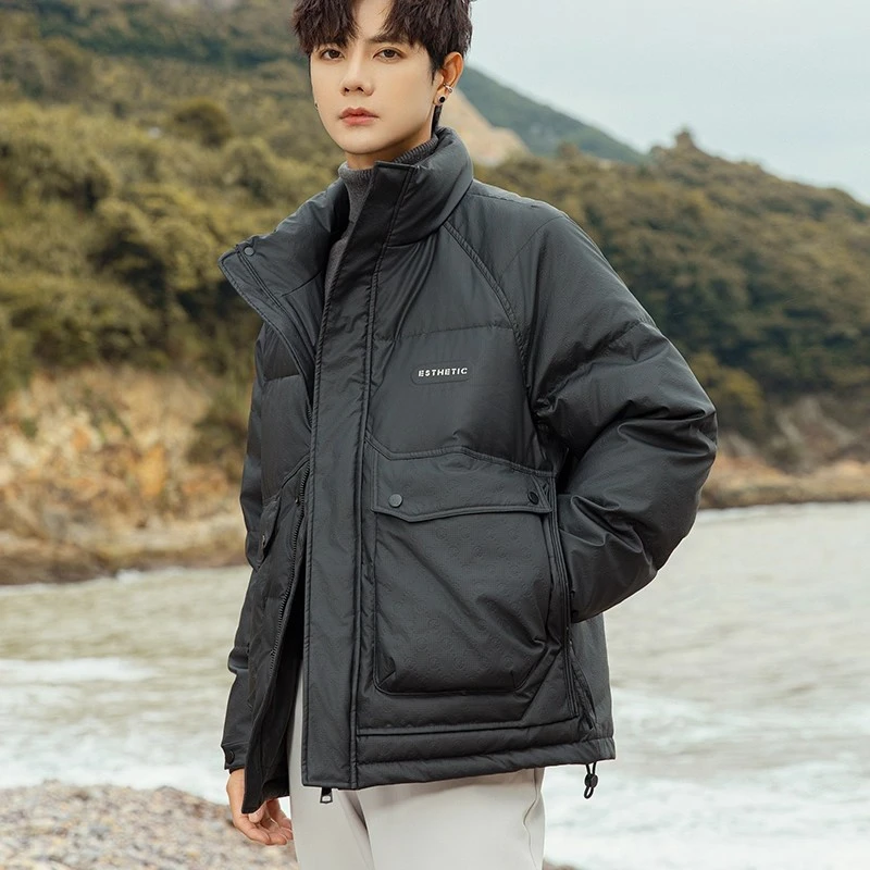 轻薄款PU皮羽绒服男2025冬季新款立领短款通勤保暖防风鸭绒外套潮