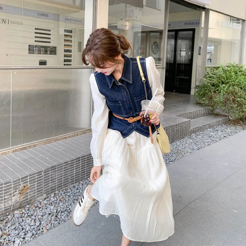 复古减龄度假风牛仔马甲连衣裙2025春秋新款森系小清新温柔风套装