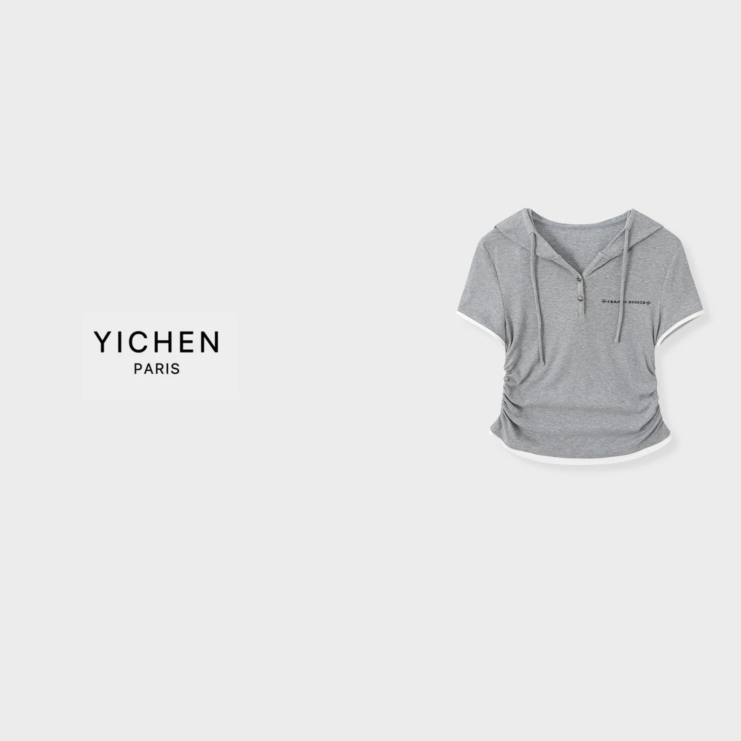 YC 花灰色拼接连帽假两件收腰抽绳T恤-3391