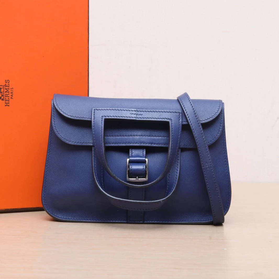 95新 Hermes/爱马仕 大头活动Halzan MINI 鸢尾蓝 S皮 C刻 银扣包
