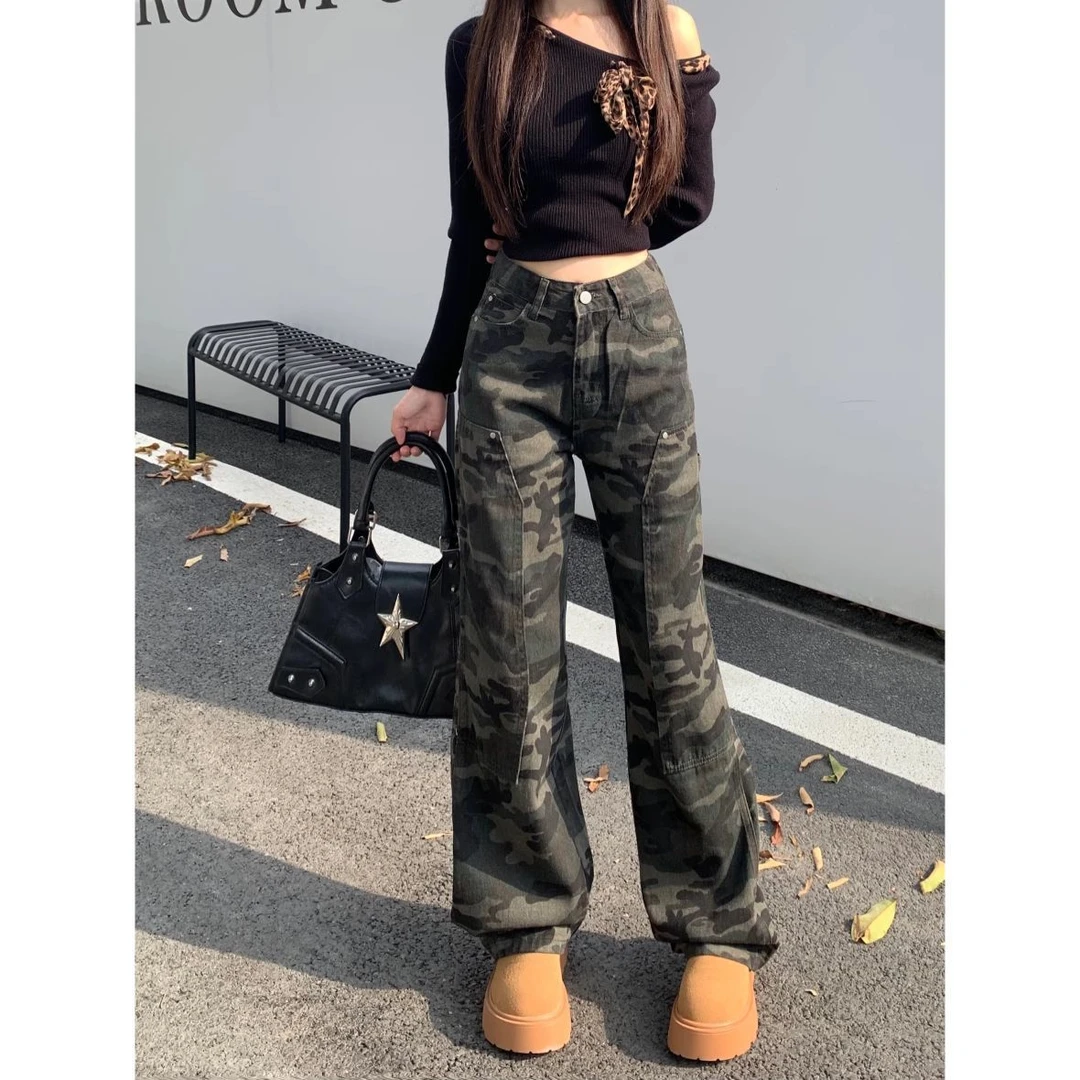 小个子女生美式高街复古迷彩直筒阔腿工装牛仔裤