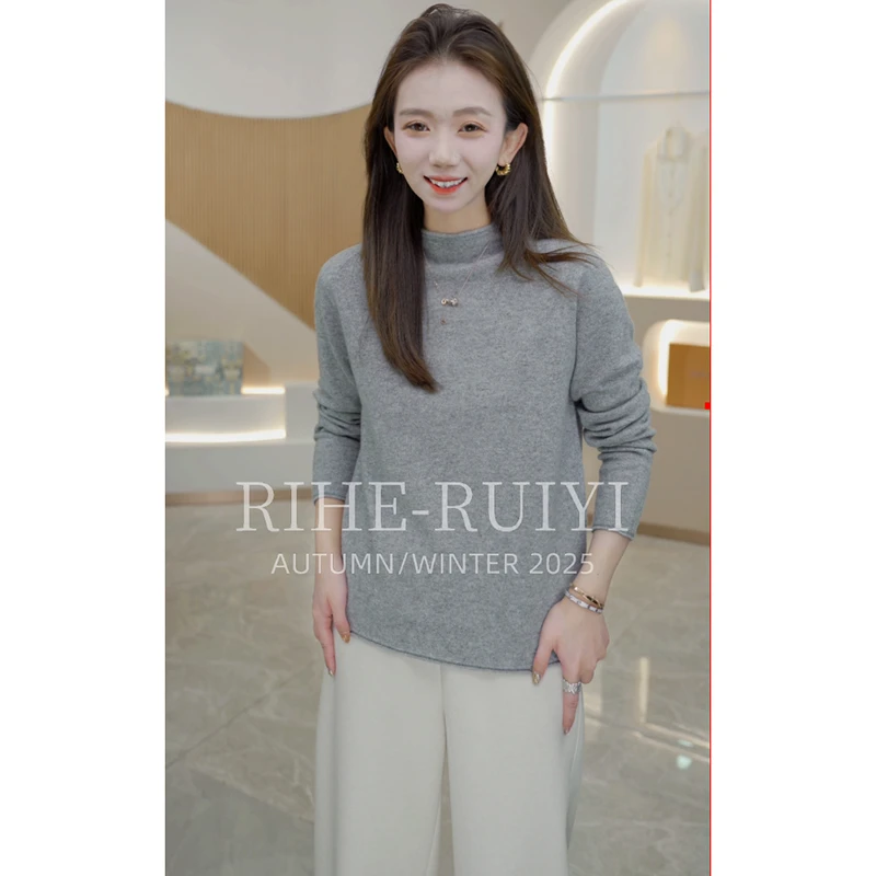 R H 【卷边羊绒】2025秋冬新款纯色羊绒羊毛混纺卷边套头毛衣A60094