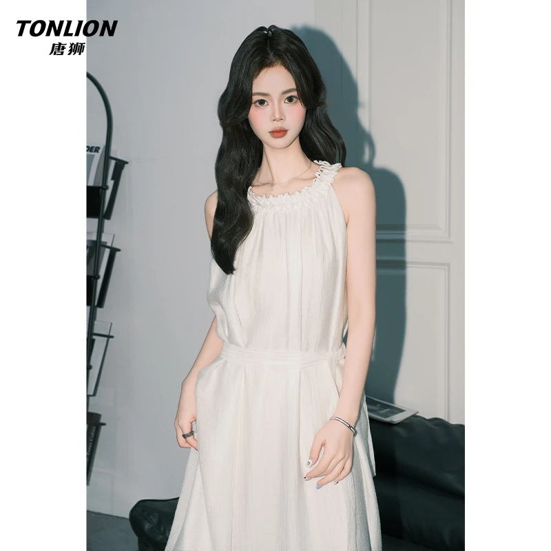 唐狮法式挂脖吊带连衣裙女夏季优雅白色A字显瘦气质轻奢长裙子
