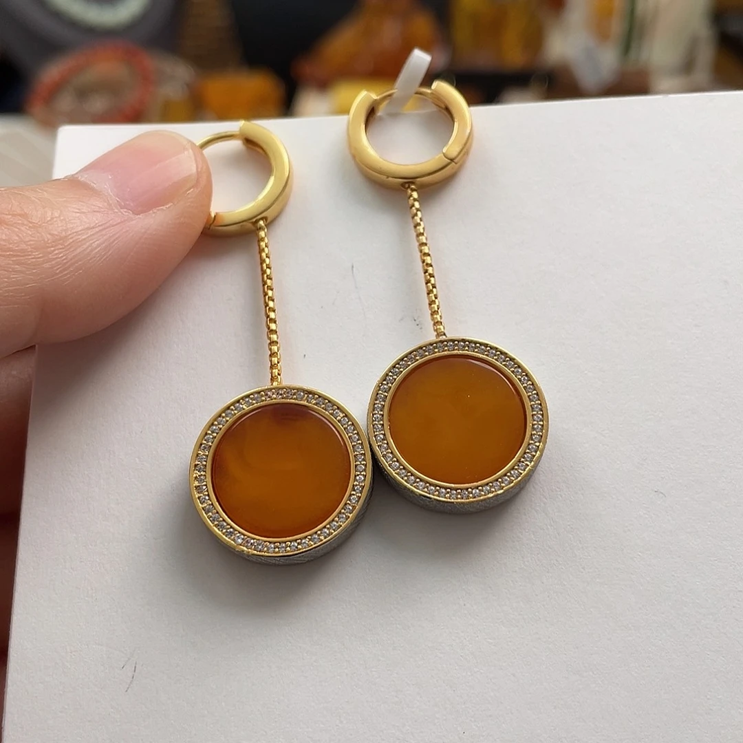 蜜蜡银S925镶嵌珠宝奇石耳环