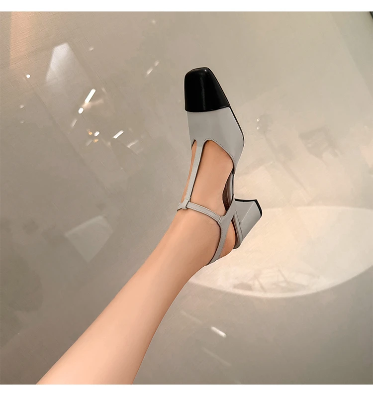 真皮法式方头小香风玛丽珍鞋绝美不累脚高跟鞋半包头凉鞋女款夏季