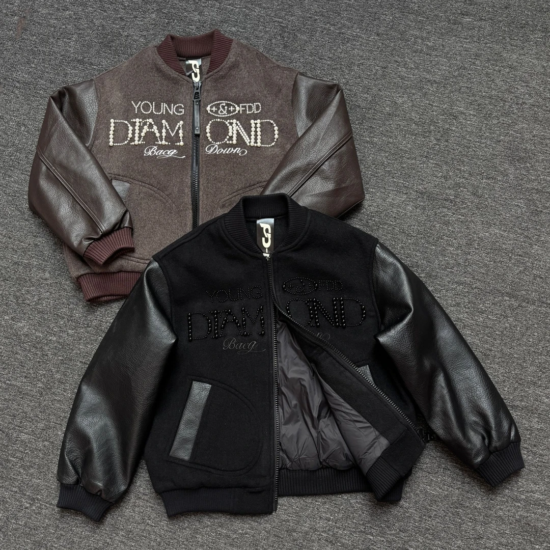 【AX绵羊毛混纺重工拼皮珍珠羽绒】冬季新款男士棒球领美式羽绒夹克