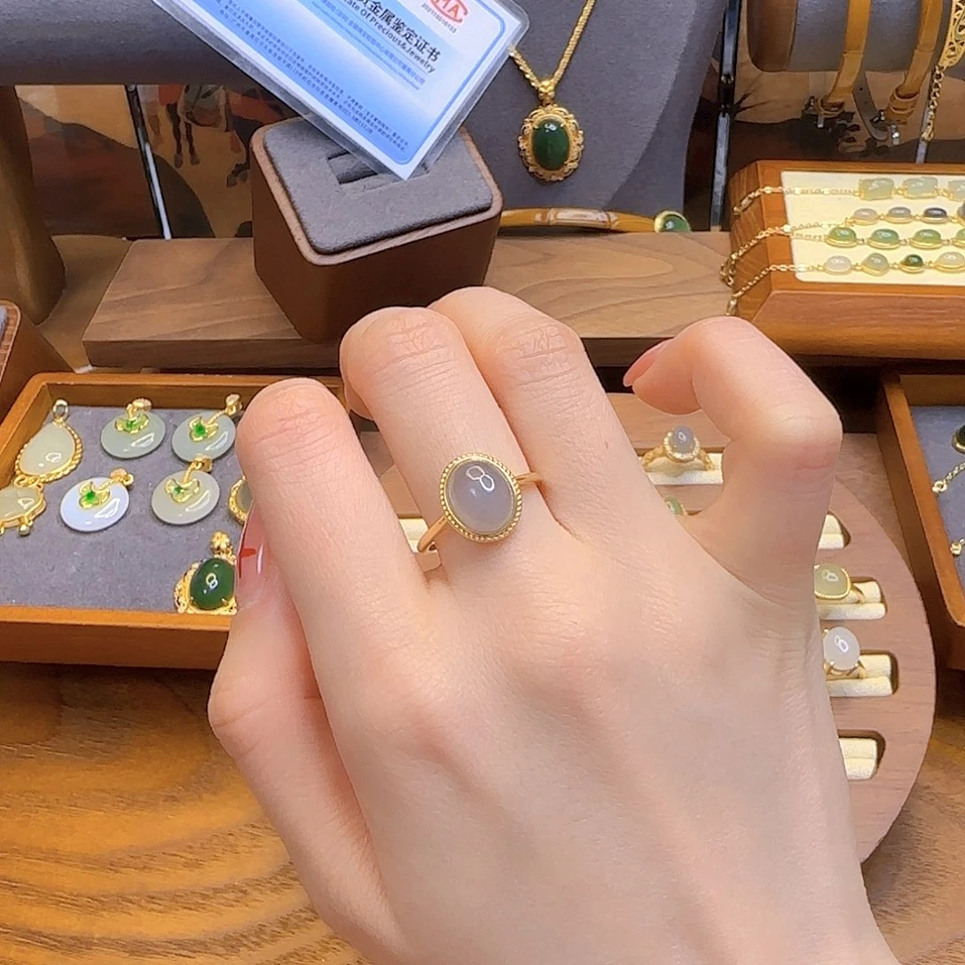 和田玉戒指银S925镀金镶嵌