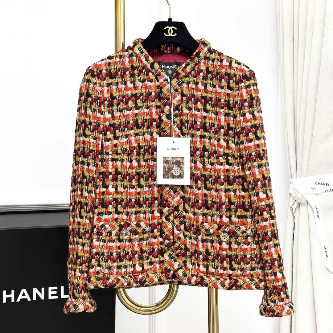 99新 Chanel/香奈儿 34码 橘色拼黄色拼红色 长袖 圆领 编织 外套