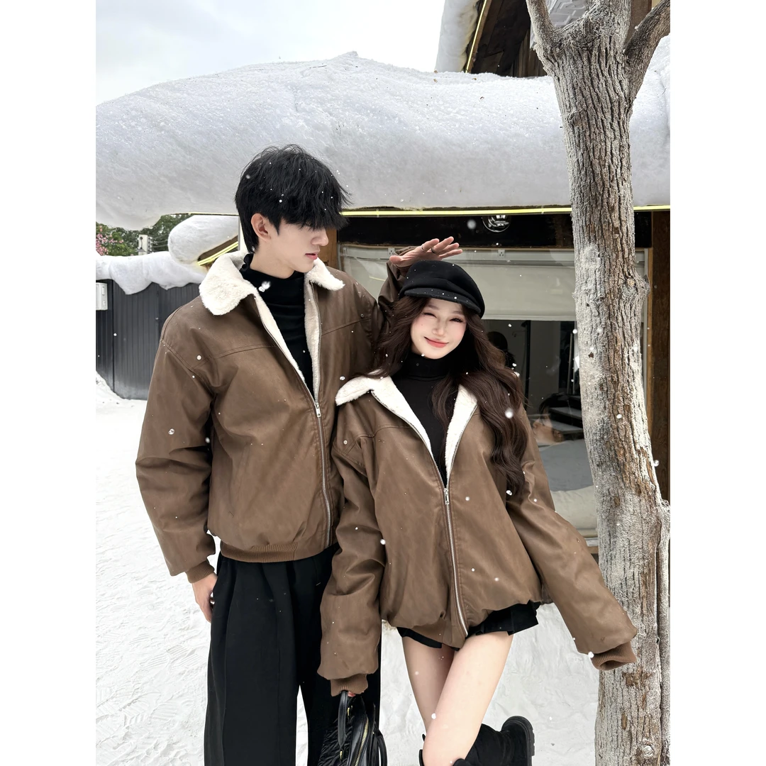 复古皮衣羊羔绒情侣外套秋冬宽松韩系休闲男女同款保暖时尚情侣装
