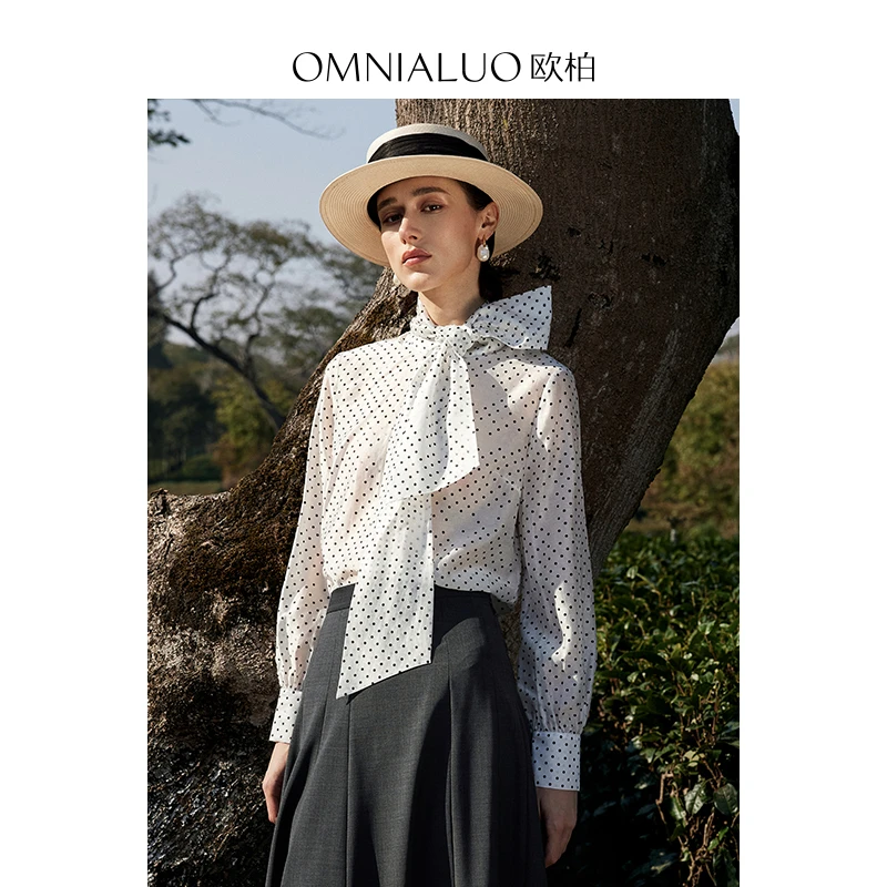 欧柏高端波点天丝衬衫女上衣2025春高级感轻奢OL气质长袖飘带衬衣