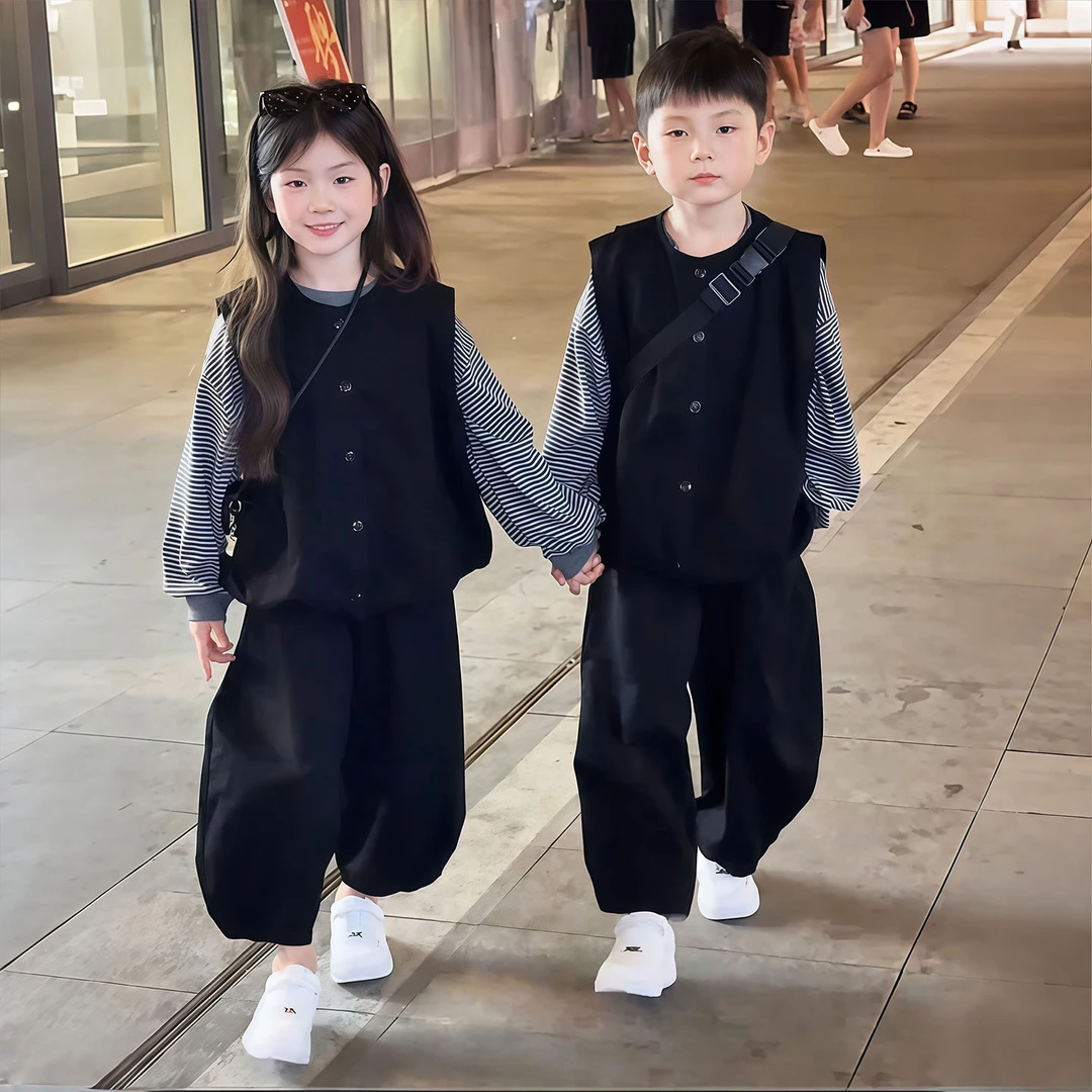儿童秋季套装新款韩版男女童洋气兄妹马甲T恤束脚裤两件套三件套