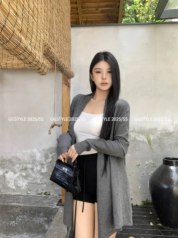 新慵懒风复古宽松显瘦长袖针织开衫女春新款气质百搭中长款外套