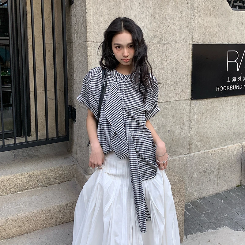 【美式格调】RARE ZZ 复古黑白格纹短袖设计感宽松飘带衬衫