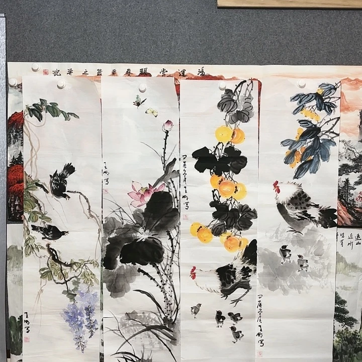 国画四条屏花鸟王娜手绘
