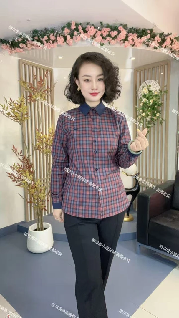 时尚百搭修身显瘦设计感翻领红蓝格衬衫别致内搭衬衫女Y9086