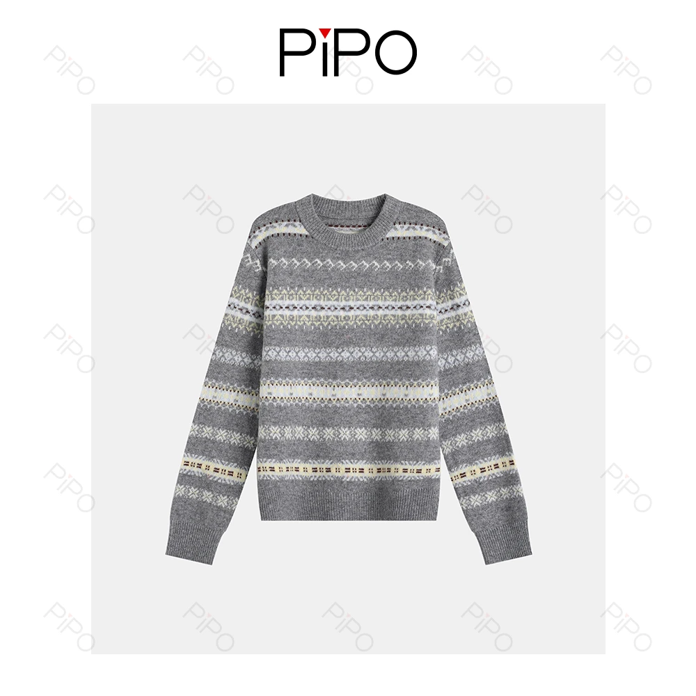 PIPO夏季休闲风百搭薄款秋冬条纹针织衫长袖提花DD53AA354