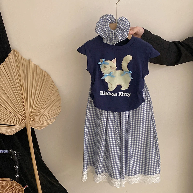 【安安家】女童百搭格子蕾丝阔腿裤夏季小猫印花卡通短袖T恤R25249