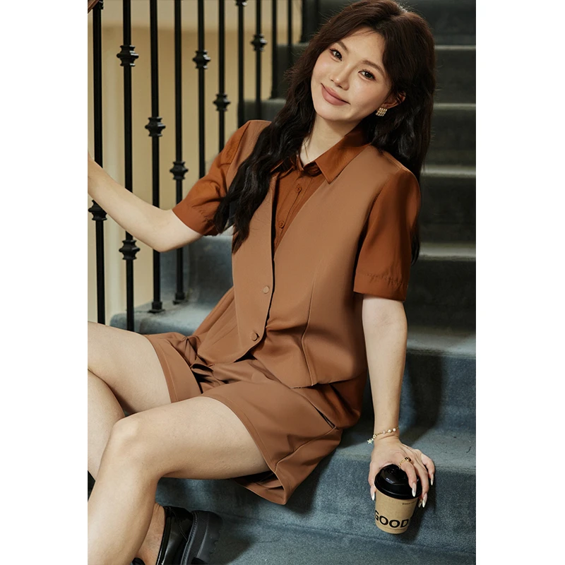 咖色休闲小众短袖简约外穿两件套ZL106031套装夏季气质上衣衬衫