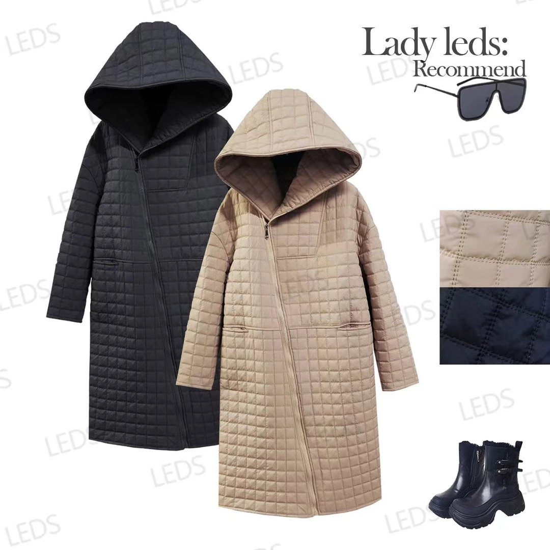 LEDS  S778冬季格纹连帽长款显瘦百搭保暖夹棉外套
