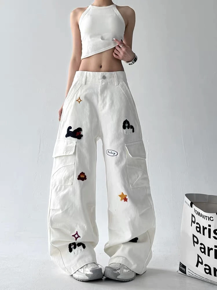 美式设计感刺绣垂感牛仔裤女2025夏季新款白色宽松直筒拖地长裤子