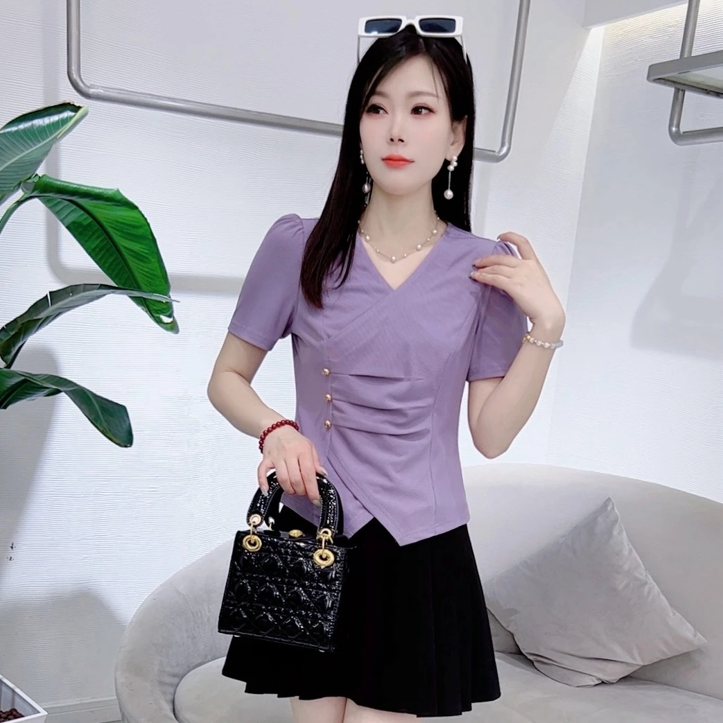 A8276新款时尚百搭设计感甜美减龄短袖T恤上衣修身显瘦