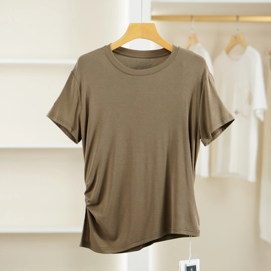 麦迪尚品【设计师】Y813-1夏季简约显瘦基础款短款针织T恤咖色