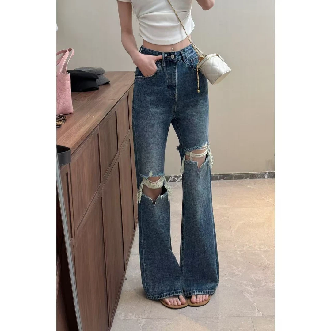 『XIONGX』春夏时尚百搭高腰宽松设计感显瘦破洞牛仔裤