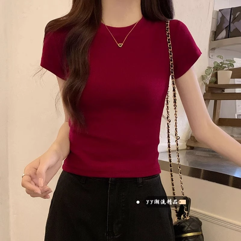 正肩弹力螺纹t恤女上衣夏季纯欲ins美式辣妹修身小个子酒红色短袖