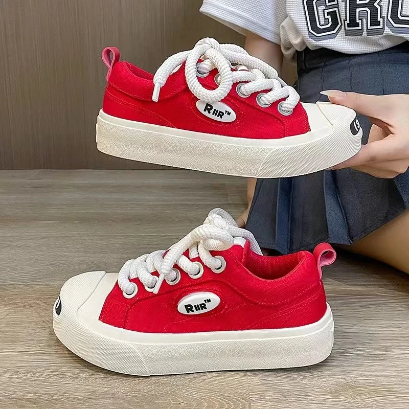 A71 大红 开口笑帆布鞋女2024潮流百搭小白鞋休闲厚底学生板鞋