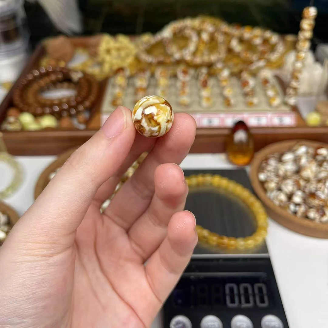 沁色蜜蜡白花圆珠一物一图尺寸15.4mm搭配手串好看9245号
