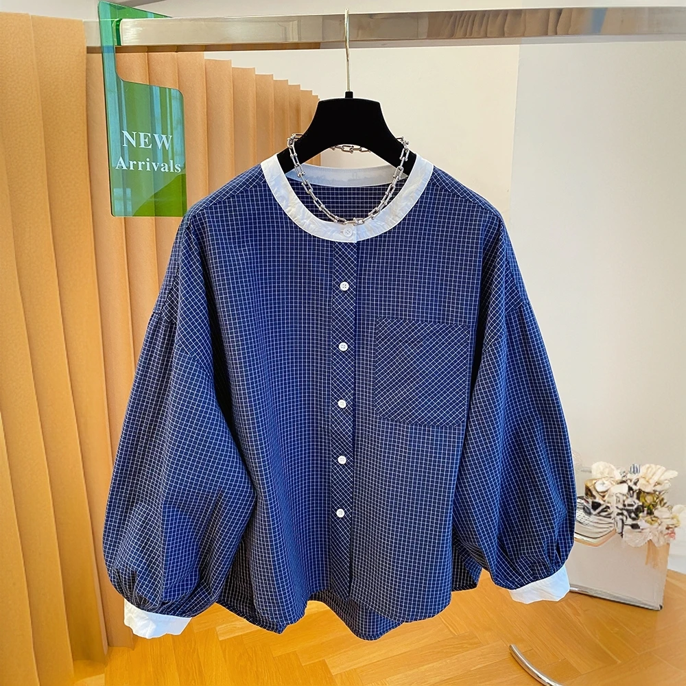 韩系减龄圆领小格子衬衫女长袖2025新款早秋装宽松气质灯笼袖上衣