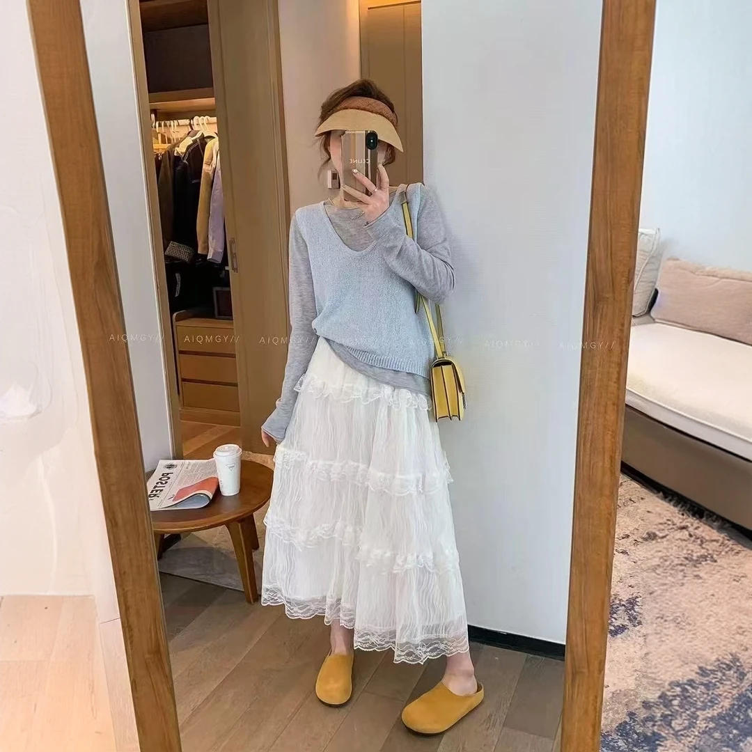 法式宽松百搭网纱时尚仙女2025不规则设计感休闲显瘦花边长裙蛋糕