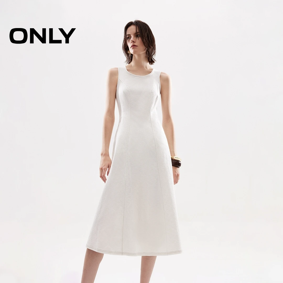 ONLY2025秋季新款拼接剪裁圆领牛仔无袖中长款连衣裙女|125342021