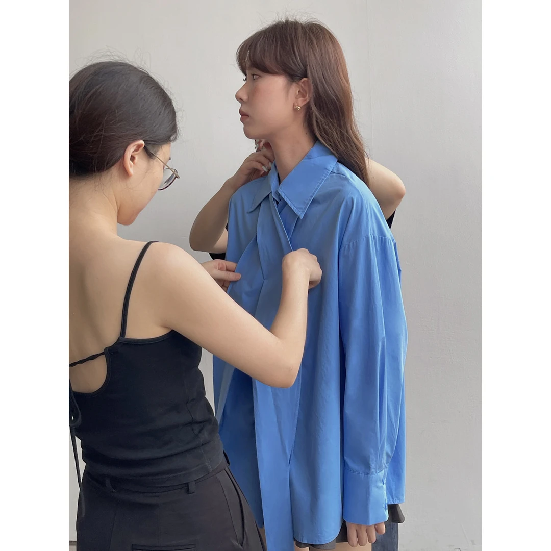 【钟爱复古miu蓝】歌铭设计感蝴蝶结系带衬衫女秋季新款上衣外穿