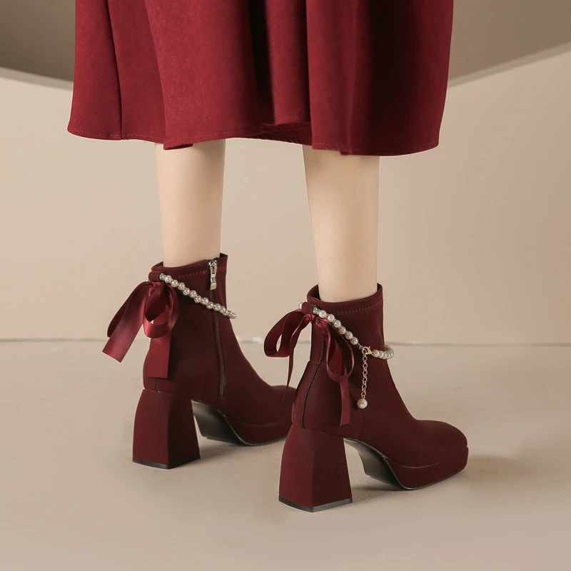 酒红色高跟短靴早秋季新款新娘鞋配敬酒服秀跟防加美拉德靴子