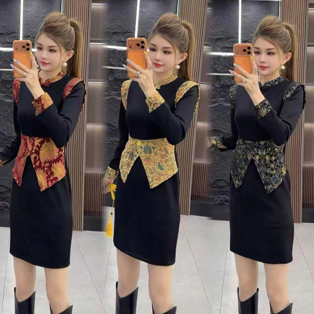 冬季6426 国风重工雕花刺绣拼接假两件连衣裙