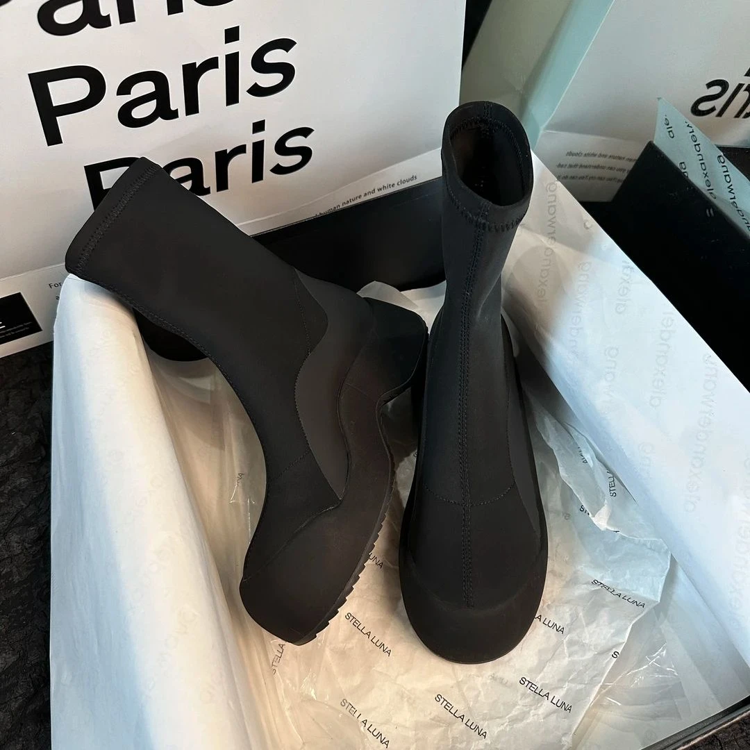 简约百搭增高厚底时尚粗跟英伦风中筒秋冬秋季弹力靴瘦瘦靴时装靴