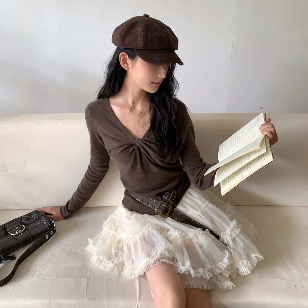 puuyuu扭结设计羊毛混纺修身针织打底