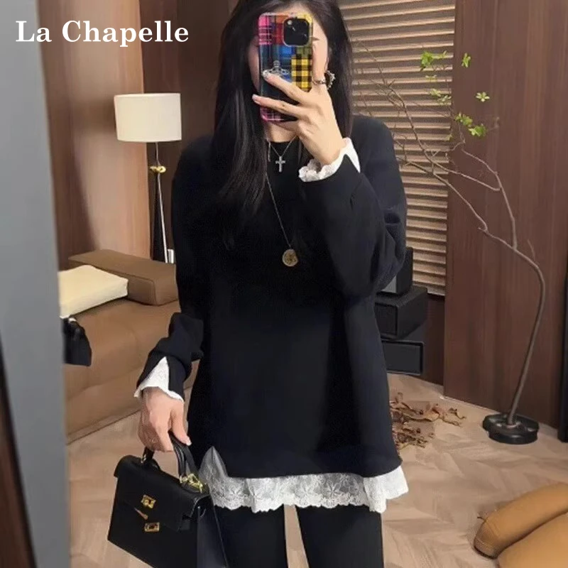 拉夏贝尔假两件撞色蕾丝拼接上衣女秋冬宽松德绒长袖中长款打底衫