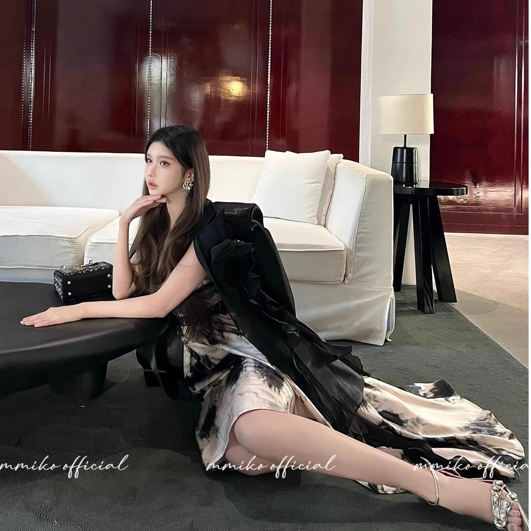 MMiko「香榭假日」水墨晕染蕾丝吊带度假连衣裙印花优雅气质长裙