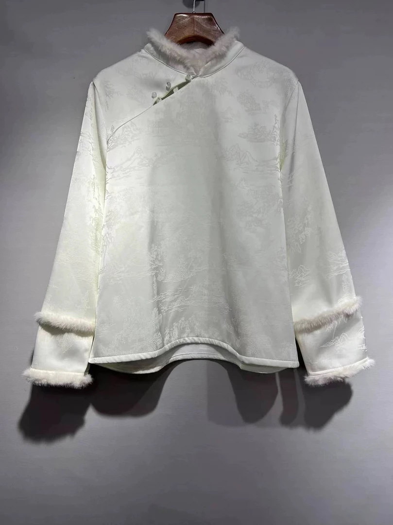 6258新中式国风高级感漂亮毛毛立领衬衫女秋冬暗纹提花洋气上衣