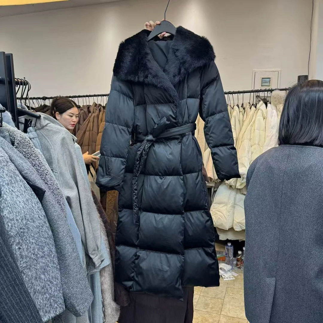 缇米小屋法式复古真毛领收腰时尚大翻领长款羽绒服外套女