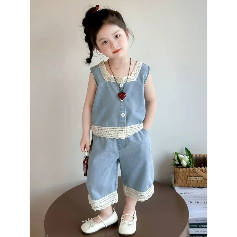 薄款女套头夏季单排扣洋气套装小童韩版时尚女童夏装外穿儿童牛仔