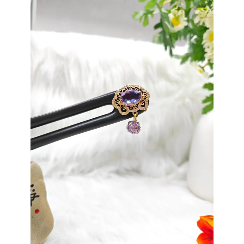K367双钗紫色双面原创百搭款15公分发簪