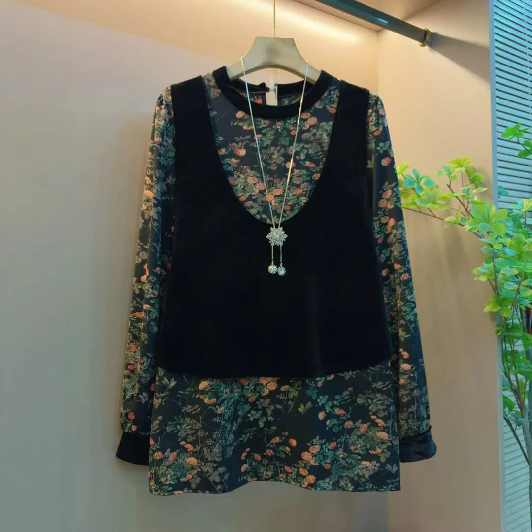 秋冬季新款丝绒拼接圆领百搭假两件百搭网红上衣（衣长73左右）