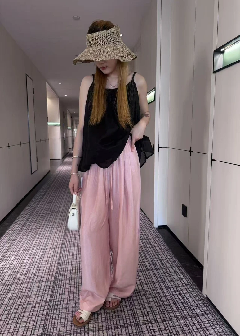 百分百醋酸长裤透气夏季休闲直筒抽绳复古风宽松【8392】