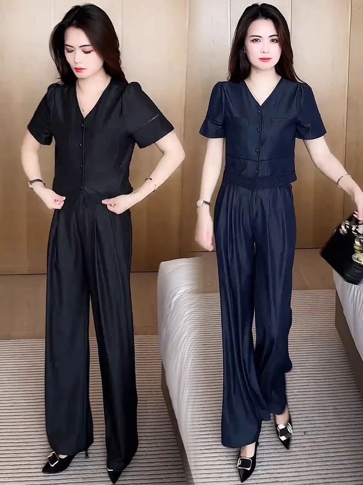 时尚套装女2025夏季新款洋气显瘦小个子短袖高腰阔腿裤休闲两件套