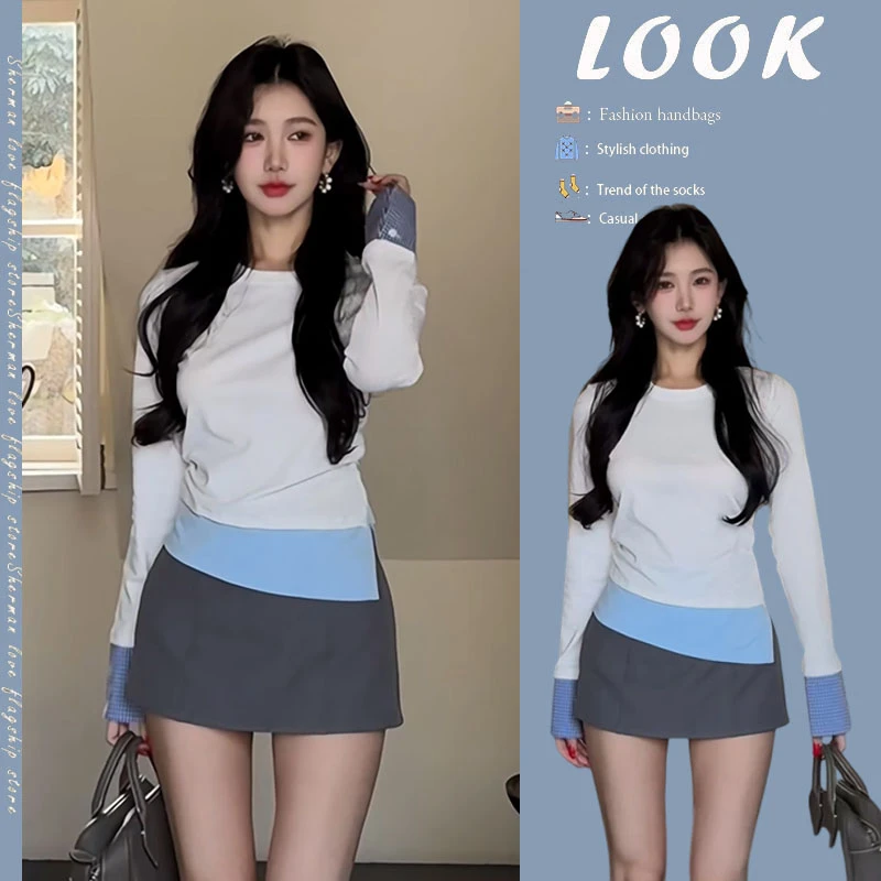 2025年春季新款修身型拼接设计高级感百搭圆领上衣高腰短裙两件套