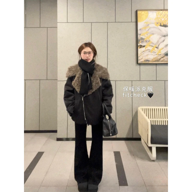 MARIE.COCO2025秋冬新款毛绒翻领派克棉服外套高腰显瘦微喇裤套装